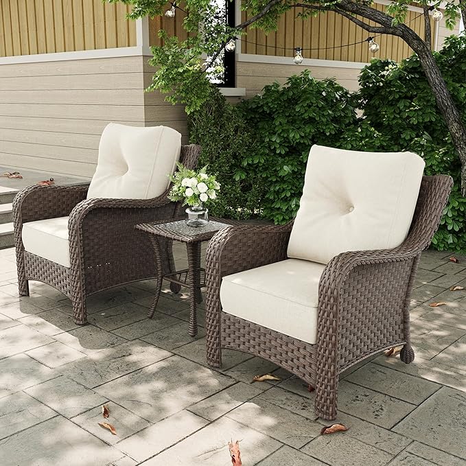 3 Pieces Outdoor Patio Furniture Sets with Single Chairs with 6-inch Thick Cushion and Side Table for Deck Lawn