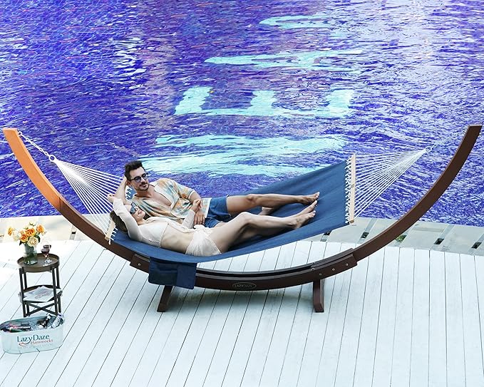 Lazy Daze Hammocks 11 FT Double Outside Hammock Quick Dry Olefin Fabric Hammock with Spreader Bar & Side Pocket for Outdoor Poolside Backyard 450 lbs Capacity, Navy Blue