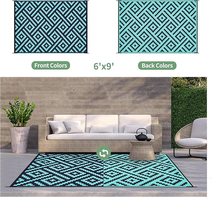 GENIMO Outdoor Rug for Patio Clearance, 6'x9' Waterproof Camping Mat, Reversible Plastic Straw Rugs for RV, Camper, Balcony, Backyard, Picnic, Deck (Navy Blue & Jade Green)