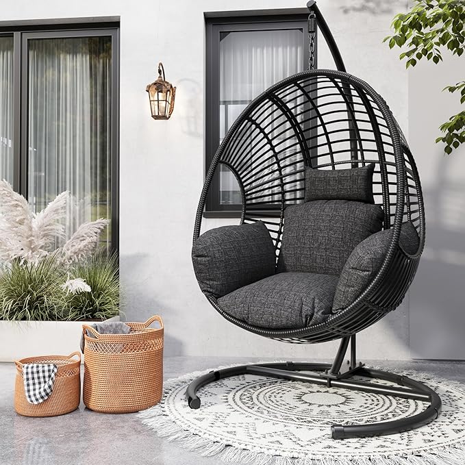Oversized Hanging Egg Chair Outdoor Indoor, Wicker Swing Egg Chair with Stand 400lbs Capacity for Bedroom, Patio, Garden and Balcony (Black-Regular, Oversize)
