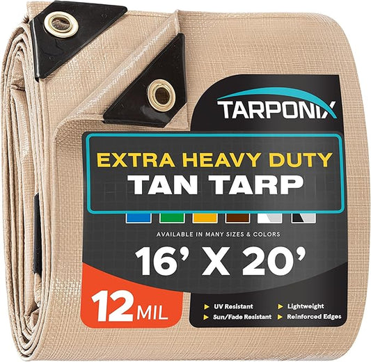 16' x 20' Extra Heavy-Duty Tan Poly Tarp – 12 Mil Thick, Waterproof, UV-Resistant Polyethylene with Reinforced Edges, Double-Stitched Hems, and Rustproof Grommets