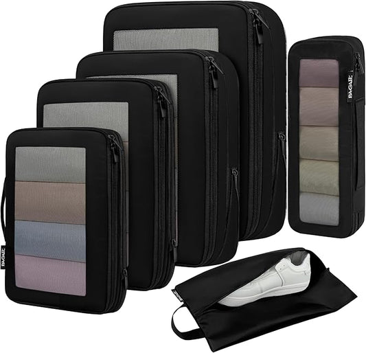 BAGAIL 4 Set/6 Set/8 Set Compression Packing Cubes Travel Accessories Expandable Packing Organizers (Square Mesh, 05-Black)