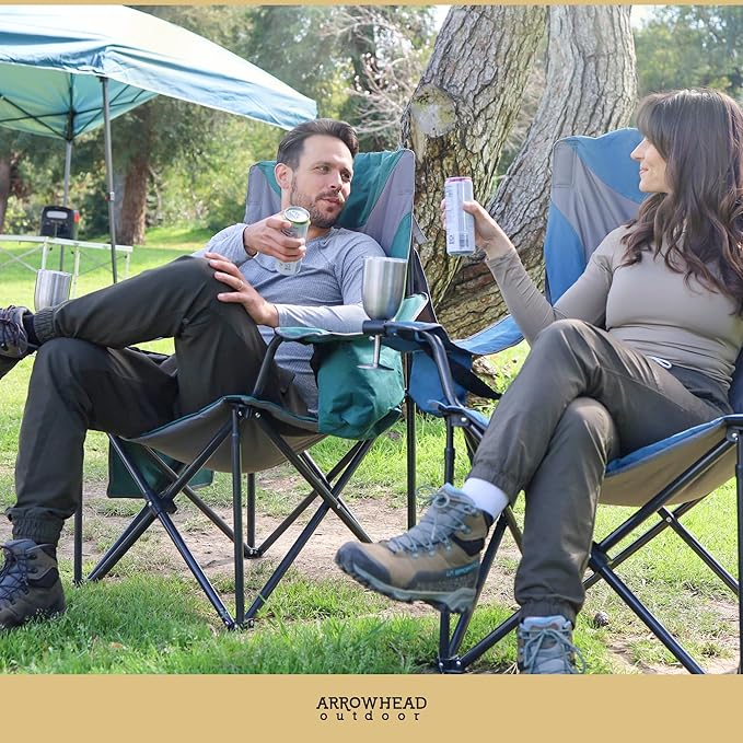 ARROWHEAD OUTDOOR 2-Pack Oversized XXL Portable Folding Camp Chair w/Glass & Cup Holders, Armrest Cooler, Heavy Duty Carry Bag, 600 lbs Weight Capacity