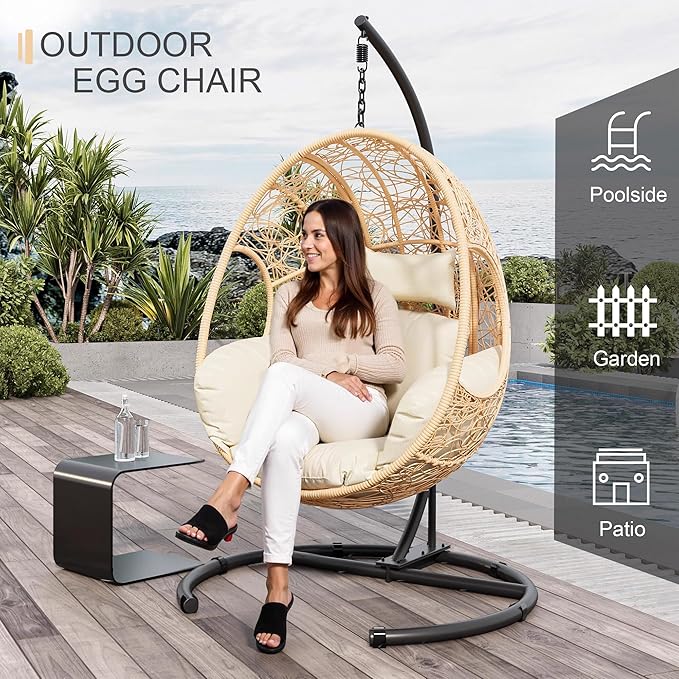 Oversized Hanging Egg Chair Outdoor Indoor, Wicker Swing Egg Chair with Stand 400lbs Capacity for Bedroom, Patio, Garden and Balcony (Beige-nest, Oversize)