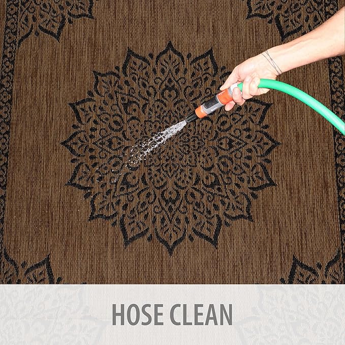 CAMILSON Outdoor Rug, 5x7 Medallion Nut Brown Black Modern Area Rugs for Indoor and Outdoor Patios, Kitchen and Hallway Mats, Washable Porch Deck Outside Carpet (Medallion Nut Brown Black, 5 x 7)