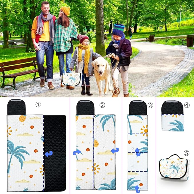 Extra Large Picnic Blanket Waterproof,80"x 80"Foldable Machine Washable Beach Blanket,Outdoor Blanket for 6-8 Adults,Suitable for Indoor Crawling,Park Beach,Camping,Hiking,Family Travel(Island)
