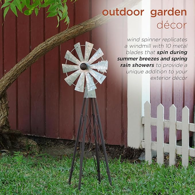 Alpine Corporation JUM368 Outdoor Metal Windmill Spinner Garden Yard Decoration, 24 Inches Tall, Bronze and Silver