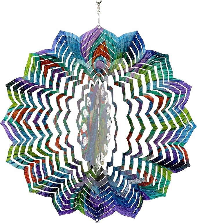 Exhart Wind Spinner, Peacock Mandala Hanging Wind Sculpture, 3D Laser Cut Patterns with Bead Details, Metal Outdoor Garden Decoration, Multicolor Lawn and Yard Art, 12 Inch