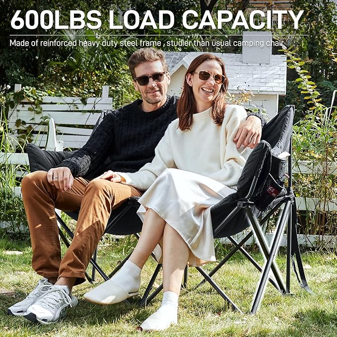 EVER ADVANCED Double Camping Chair for Adults, Padded Folding Camping Loveseat Bench with Side Pocket Portable Camping Couch, Two Person Heavy Duty Outdoor Chair with Cushion,Support 600lbs, Black