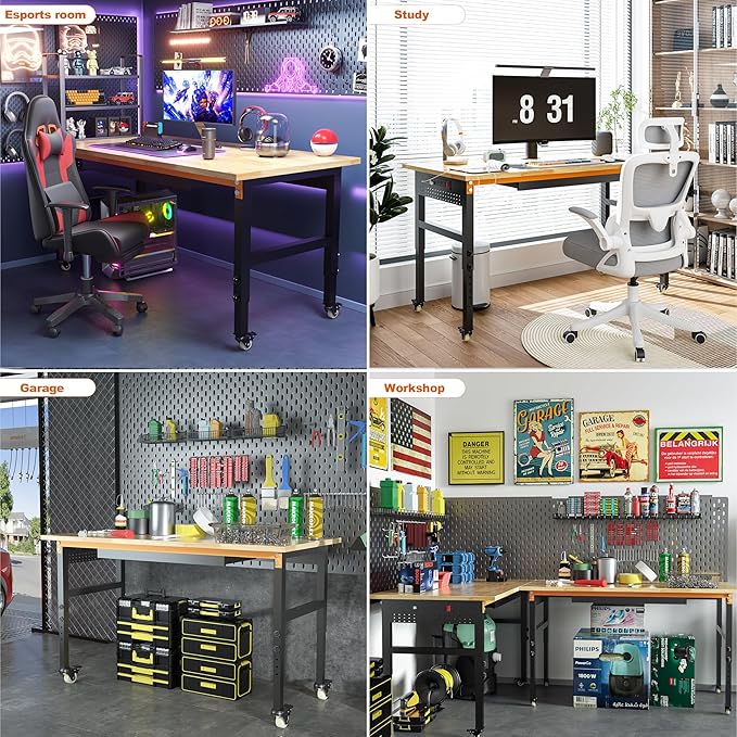 60" Adjustable Workbench on Wheels, 2000 LBS Heavy Duty Work Table with Power Outlets & Pegboard, Rubber Wood Workstation for Garage, Workshop, Office, Home, Commercial