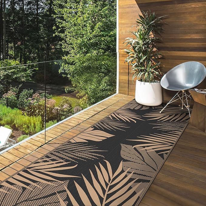 GENIMO Outdoor Rug 2.5' x 8' Waterproof for Patios Clearance, Reversible Outdoor Plastic Straw Camping Rug Carpet, Large Area Rugs Mats for RV, Camper, Deck, Balcony, Porch, Beach, Picnic, Black&Brown