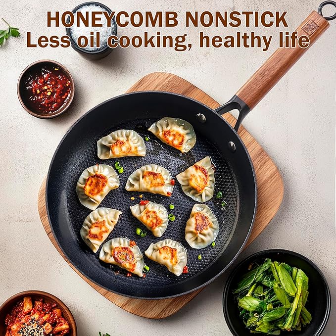 DM Cast Iron Skillet, 10 Inch Nonstick Frying Pan with Detachable Acacia Wooden Handle, Honeycomb Non stick Omelet Egg Pan, Easy Clean Oven Safe Pans for Cooking