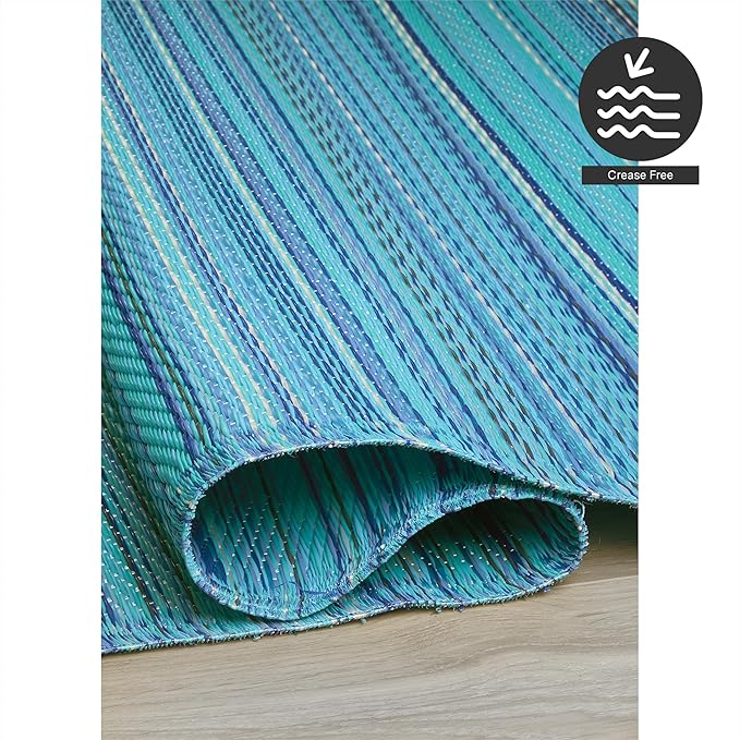 FH Home Outdoor Rug - Waterproof, Fade Resistant, Crease-Free - Premium Recycled Plastic - Striped - Patio, Deck, Porch, Balcony, Laundry Room - Havana - Turquoise Crease Free - 4 x 6 ft