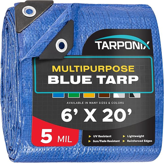 Better Blue Poly Tarp 6’ x 20’ – Lightweight 5 Mil Waterproof Cover – Durable, Weatherproof, Multipurpose Protection for Camping, Roofing, Construction