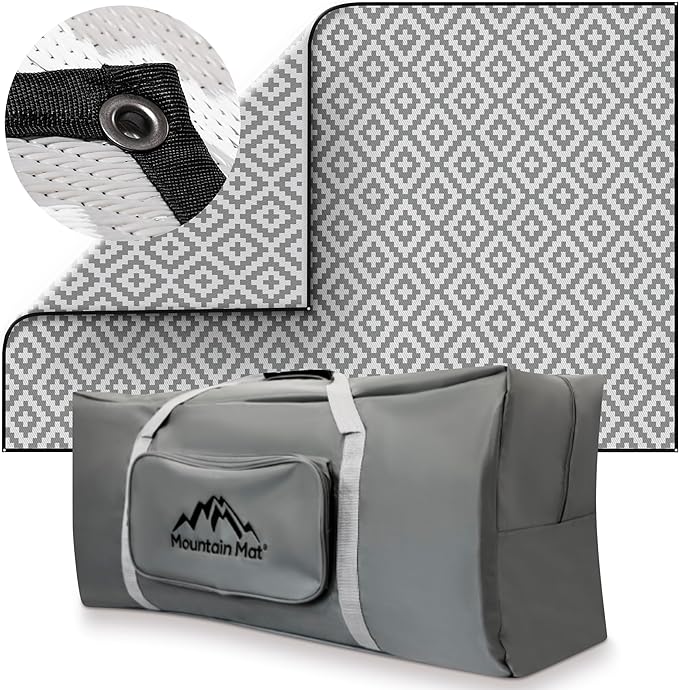 Earth-Friendly RV Patio Mat Size 8' x 16' for Campers, Campsites - Premium 5 mm Thick Heavy Duty, Waterproof, Reversible Rugs Recycled Polypropylene, with Carry Bag (8' x 16', Grey)