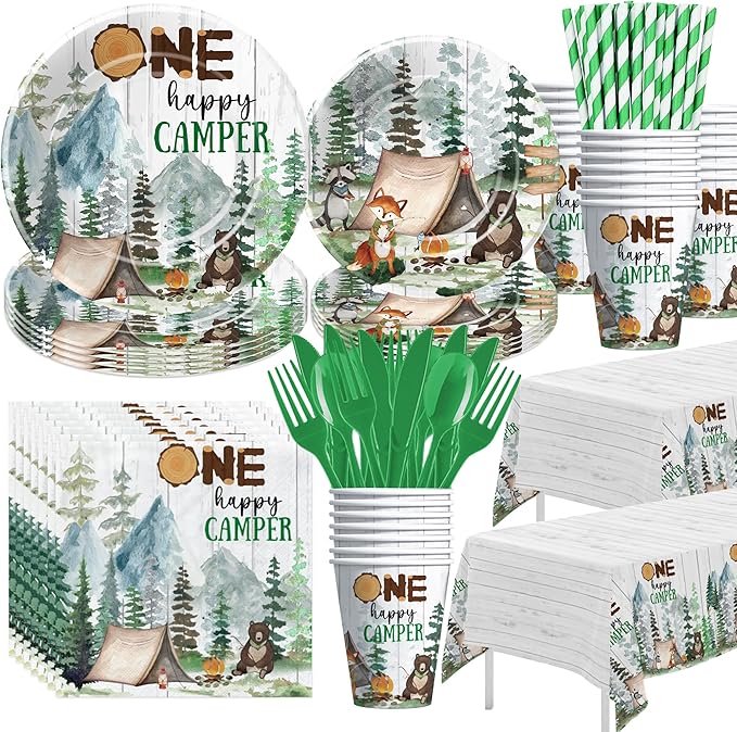 Camping Party Decorations Supplies For 1st Birthday, Adventure Camping Theme One Happy Camper Birthday Decorations Tableware, Paper Plate, Cup, Napkin, Tablecloth, Cutlery | Serves 24