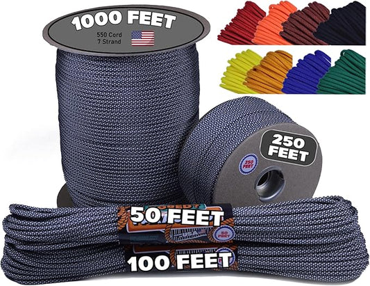 BORED? PARACORD! 550 lb Paracord - Ideal for Crafting, Camping, DIY Projects, Active & Military Outdoors - Strong Survival Rope - Tactical Parachute Cord Type III - Silver Diamonds 50 Feet