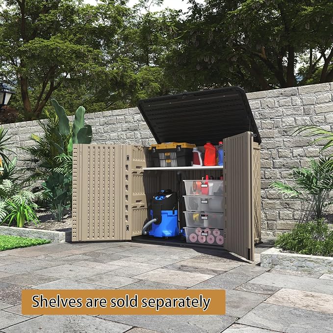 HOMSPARK Storage Shed Weather Resistance, Multi-Purpose Outdoor Storage Cabinet for Backyards and Patios, Horizontal Storage Shed for Lawnmower, Patio Accessories (Coffee, Large - 26 cu.ft)