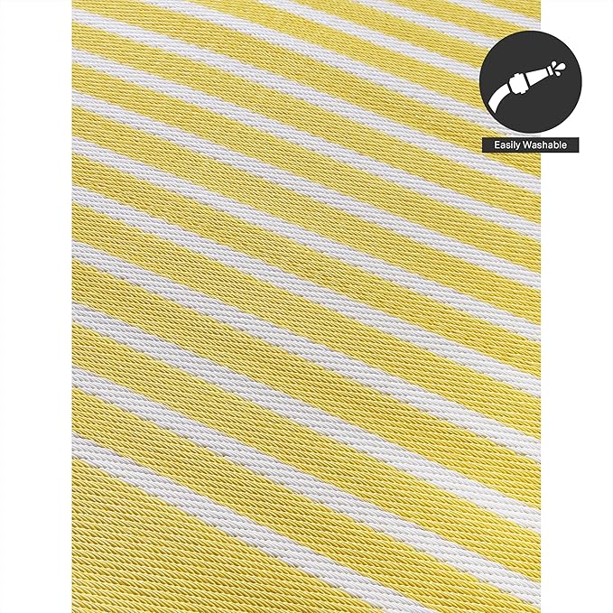 FH Home Outdoor Rug - Waterproof, Fade Resistant, Crease-Free - Premium Recycled Plastic - Geometric - Patio, Porch, Deck, Balcony - Hampton Stripe - Yellow Crease Free - 5 x 8 ft