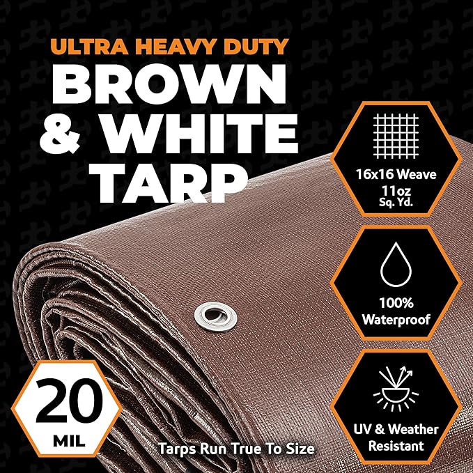 20' x 20' Ultra Heavy Duty Brown/White Tarp - 20 Mil, Waterproof, UV Protection, Reinforced Corners - Extra Large Outdoor Tarp Cover for Rain, Camping, Tent