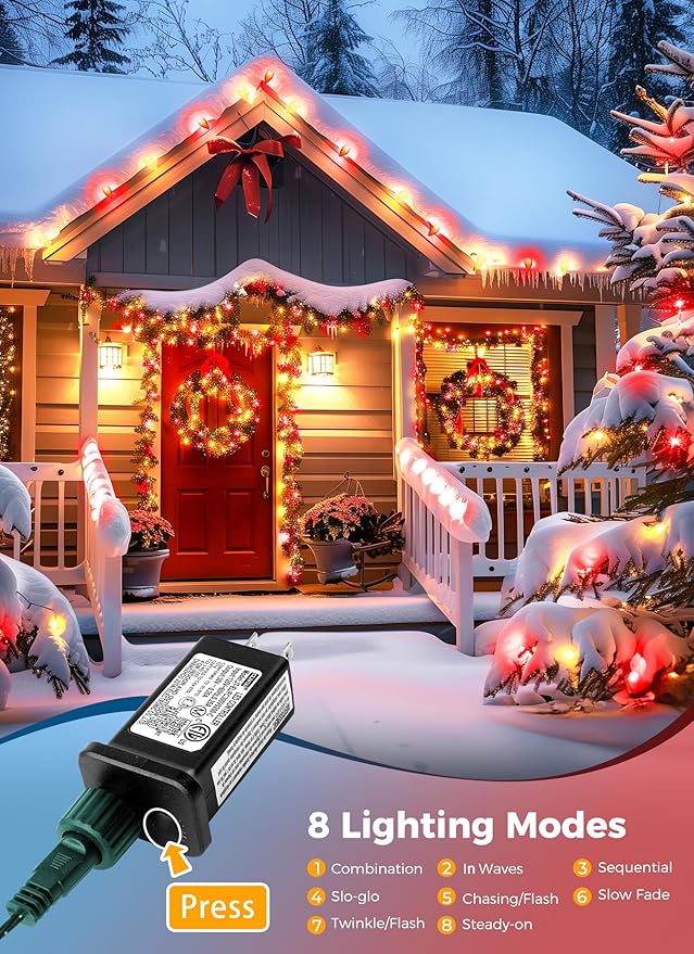C9 LED Christmas Lights Outdoor, 81 Feet 100 LED String With Timer & 8 Light Mode, Waterproof Commercial Grade Christmas Tree for Outside Indoor Roofline Patio Decor, Red & White
