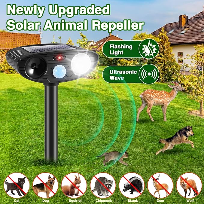 4Pack Ultrasonic Raccoon Repellent Outdoor Solar Animal Repellent with Motion Sensor&Strobe Light Cat Deterrent Outdoor Deer Repellent Device to Scare Skunk Squirrel Rabbit Repellent for Yard