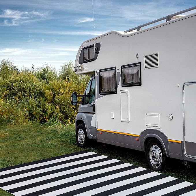 FH Home Outdoor Camping Rug - Waterproof, Fade Resistant, Reversible - Premium Recycled Plastic - Striped - Patio, Deck, Sunroom, RV - Brittany Stripe - Black & White - 5 x 8 ft Foldable