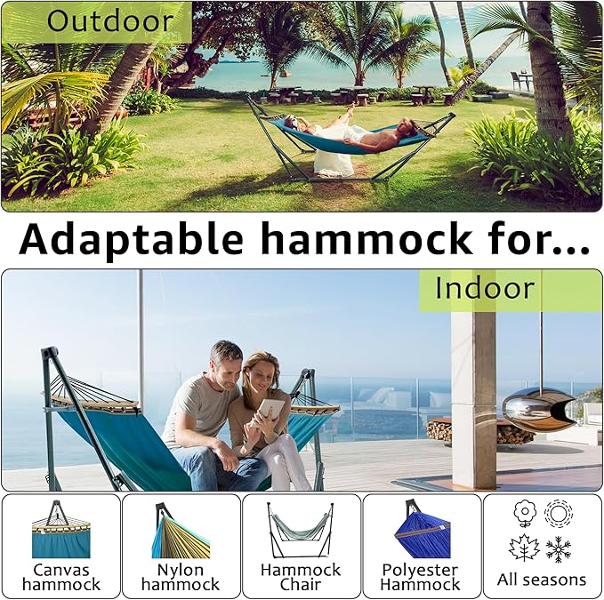 Tranquillo Canvas Hammock with Stand Heavy-Duty, Hammock Quick Fold Unfold Steel Frame Hammock, Portable Hammock Stand Spreader Bar, 600 lbs Capacity Portable Relaxation Gear, Blue
