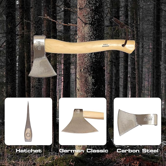 Prandi Axes German C45 Forged Carbon Steel Hatchet - Hickory Handle with Leather String - Ideal for Camping, Travel and Bushcraft - S/N 3.003.10.CH - 16" L x 6.85" W, 1000g Polished Head, No Sheath