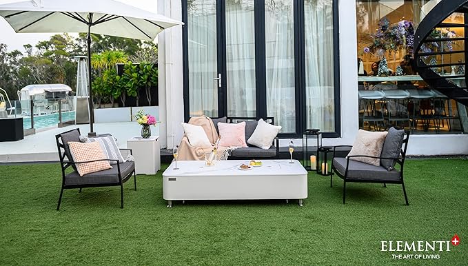 Elementi+ | Athens Gas Fire Pit | Cast Concrete Body & Marble Porcelain Top | 62" Rectangular Fire Table | Electronic Ignition | Canvas Cover, Fire Glass & Burner Lid Included | White | Propane Gas