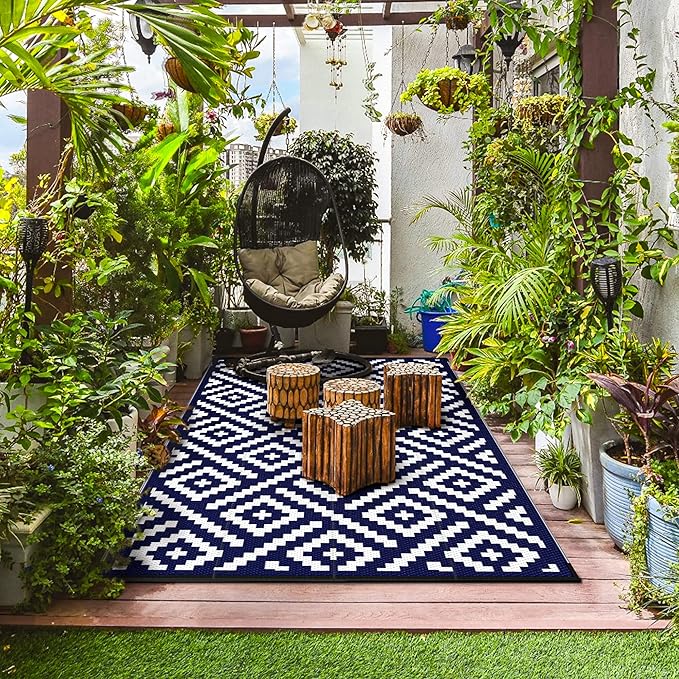 GENIMO Outdoor Rug for Patio Clearance,9'x12' Waterproof Large Mat,Reversible Plastic Camping Rugs,Rv,Porch,Deck,Camper,Balcony,Backyard (Navy Blue & White)