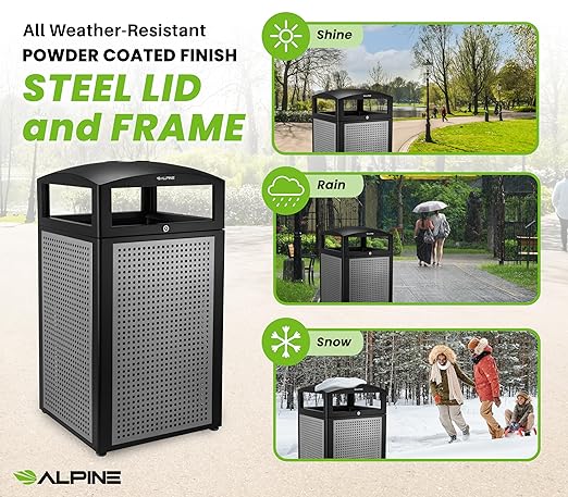 Alpine Outdoor Commercial Trash Can with Lid - 40 Gallon Heavy Duty Metal Garbage Can with Removable Bin, Locking Lid for a Modern Look in Parks, Parkings & High Traffic Areas (Black & Grey with Tray)