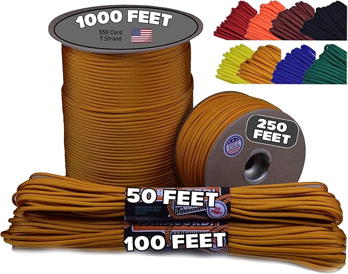BORED? PARACORD! 550 lb Paracord - Ideal for Crafting, Camping, DIY Projects, Active & Military Outdoors - Strong Survival Rope - Tactical Parachute Cord Type III - Goldenrod 250 Feet