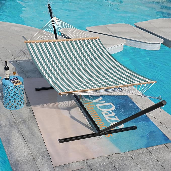 Lazy Daze Hammocks Quick Dry Hammock with Spreader Bar 2 Person Double Hammock with Chains Outdoor Outside Patio Poolside Backyard Beach 450 lbs Capacity, Green Stripes