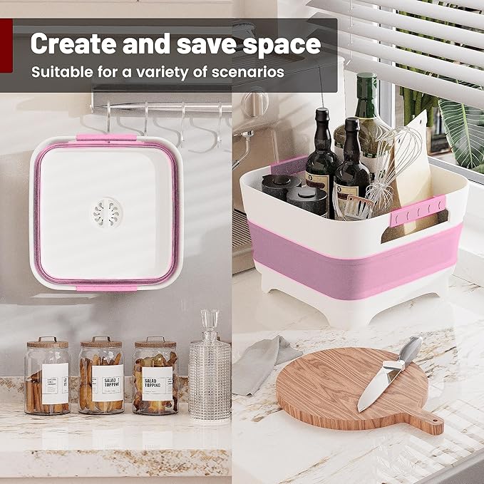 2.4 Gal Collapsbile Wash Basin with Drian Plug,9L Dish Pan for Soaking Baby Bottles,Portable Sink, Multiuse Foldable Bucket,Ice Beverage Tubs for Camping, Vegetable Washing, RV (Pink)