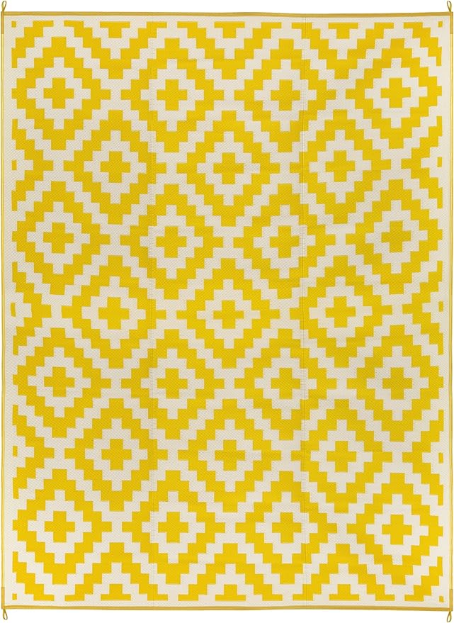 FH Home Outdoor Camping Rug - Waterproof, Fade Resistant, Reversible - Premium Recycled Plastic - Geometric - Large Patio, Deck, Sunroom, RV - Aztec - Yellow & White - 9 x 12 ft Foldable