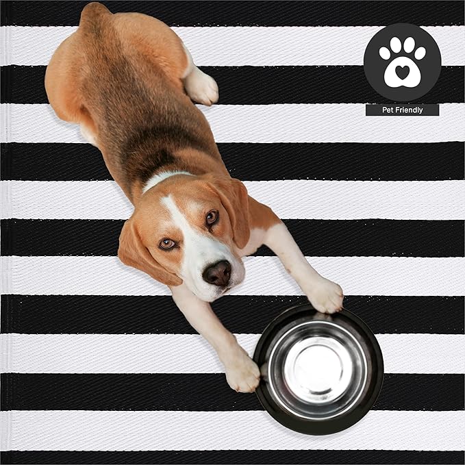 FH Home Outdoor Rug - Waterproof, Fade Resistant, Reversible - Premium Recycled Plastic - Striped - Porch, Deck, Balcony, Mudroom, Laundry Room, Patio - Brittany - Black & White Crease Free - 3 x 5 ft