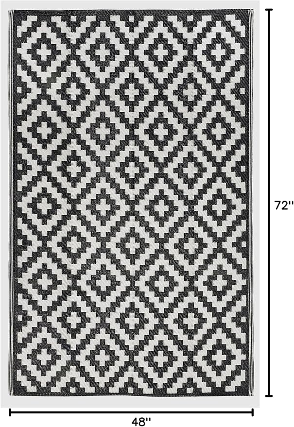 FH Home Outdoor Camping Rug - Waterproof, Fade Resistant, Reversible - Premium Recycled Plastic - Geometric - Picnic, Patio, Deck, Sunroom, RV - Aztec - Black & White - 4 x 6 ft Foldable