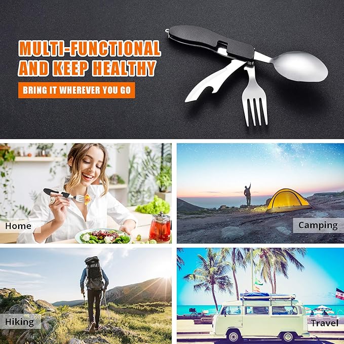 HIKENTURE Camping Utensils with Case 4-in-1 Folding Flatware Stainless Steel Fork Knife Spoon Bottle Opener Travel Cutlery Hobo Multitool Set(Black 2 Pack)