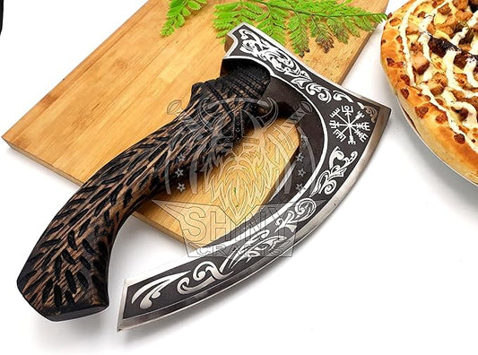 SHINY CRAFTS -Axes viking axe real weapon mens axes gifts for him- with Black Etching Authentic Medieval Pizza Cutter Axe, Norse Pizza Axe Gift, Carbon Steel Viking Axe with Sheath (SCA-027)