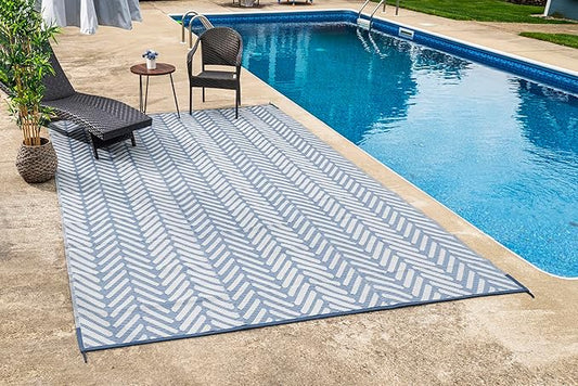 FH Home Outdoor Camping Rug - Waterproof, Fade Resistant, Reversible - Premium Recycled Plastic - Herringbone - Large Patio, Deck, Sunroom, RV - Fresno - Light Blue - 9 x 12 ft Foldable