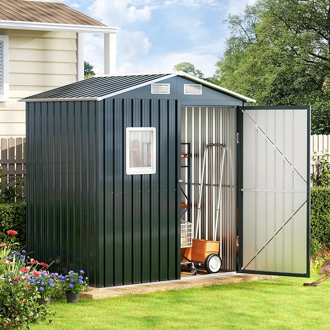 Breezz 6x4FT Outdoor Steel Storage Shed with Clear Window, Lockable Doors, Weather-Resistant Metal Tool Shed for Garden, Backyard, Patio, and Utility Storage