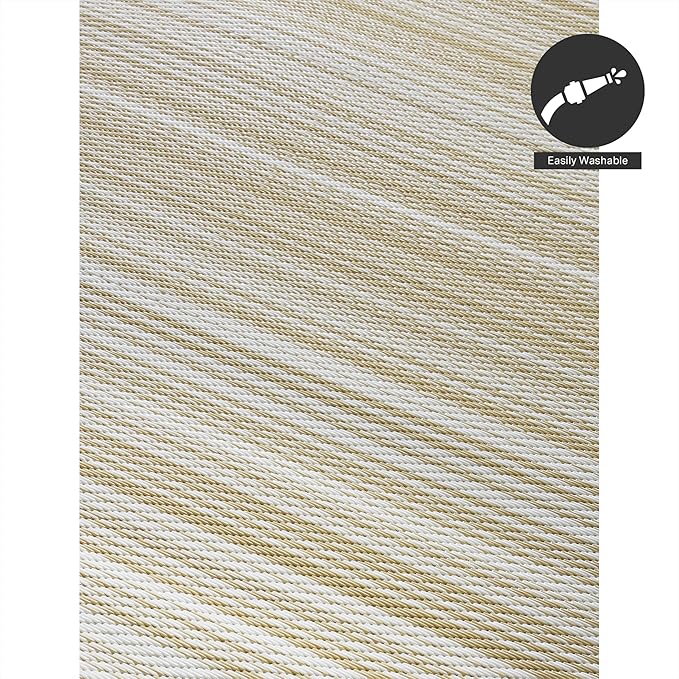 FH Home Outdoor Camping Rug - Waterproof, Fade Resistant, Reversible - Premium Recycled Plastic - Striped - Large Patio, Deck, Sunroom, RV - Havana - Beige - 9 x 12 ft Foldable