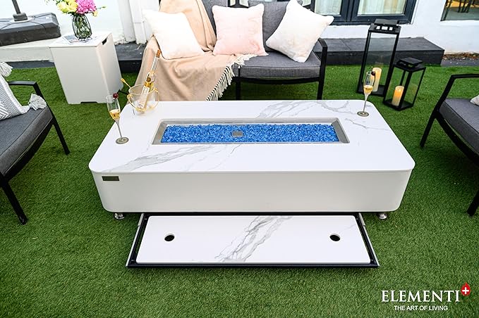 Elementi+ | Athens Gas Fire Pit | Cast Concrete Body & Marble Porcelain Top | 62" Rectangular Fire Table | Electronic Ignition | Canvas Cover, Fire Glass & Burner Lid Included | White | Propane Gas