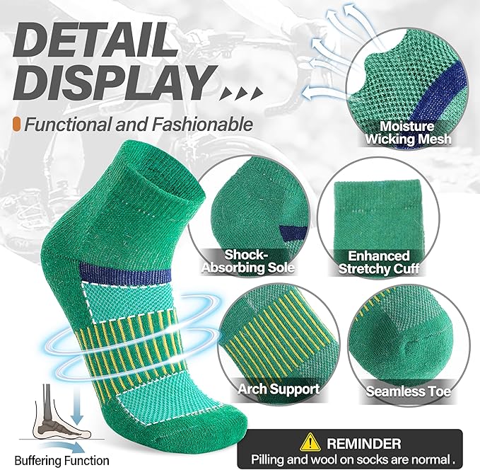 6 Pairs Merino Wool Ankle Running Hiking Socks Compression Support Breathable Thick Cushion No Show Socks for Women Men