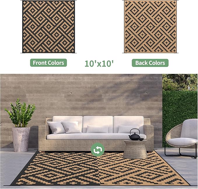 GENIMO Outdoor Rug Waterproof, 10' x 10' Reversible Plastic Straw Rugs, Lightweight Large RV Camping Mat for Patio, Deck, Camper, Balcony, Backyard, Picnic, Black & Brown