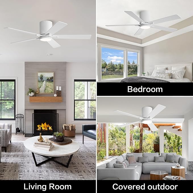 WINGBO 48" DC Flush Mount Ceiling Fan with Lights, 6-Speed Reversible DC Motor, 3CCT, Low Profile Hugger Ceiling Fan for Living Room Bedroom Kitchen, White Finish and White/Oak Blades