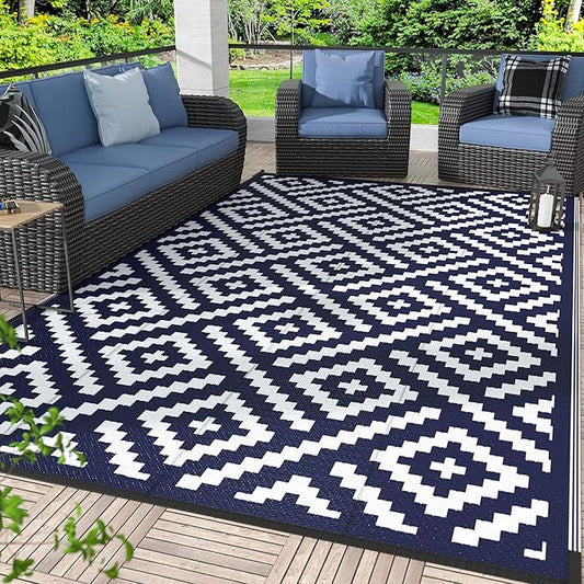 GENIMO Outdoor Rugs 8x10 Waterproof, Reversible Mats, Area Plastic Straw Rug, Outside Carpet, Geometric Rv Mat for Patio Camping Rv Picnic Backyard Deck Balcony Porch Beach Trailer (Navy Blue & White)
