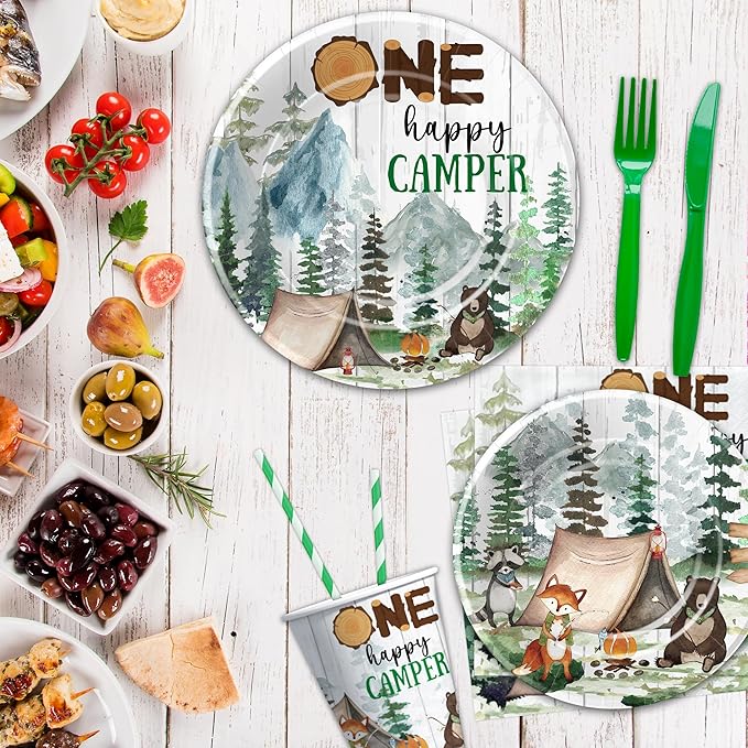 Camping Party Decorations Supplies For 1st Birthday, Adventure Camping Theme One Happy Camper Birthday Decorations Tableware, Paper Plate, Cup, Napkin, Tablecloth, Cutlery | Serves 24