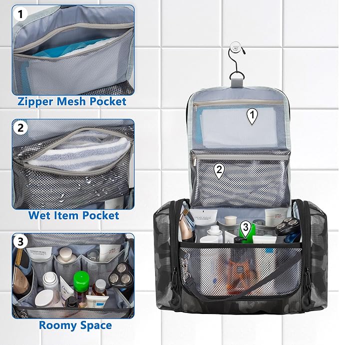 Hanging Toiletry Bag for Men, Tactical Dopp Kit Toiletry Travel Bag, Large Hygiene Organizer Shower Bag for Camping Outdoor, Black Camo